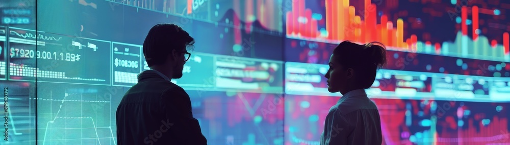 Poster silhouetted figures discuss data trends on large screens displaying complex charts and graphs in a m
