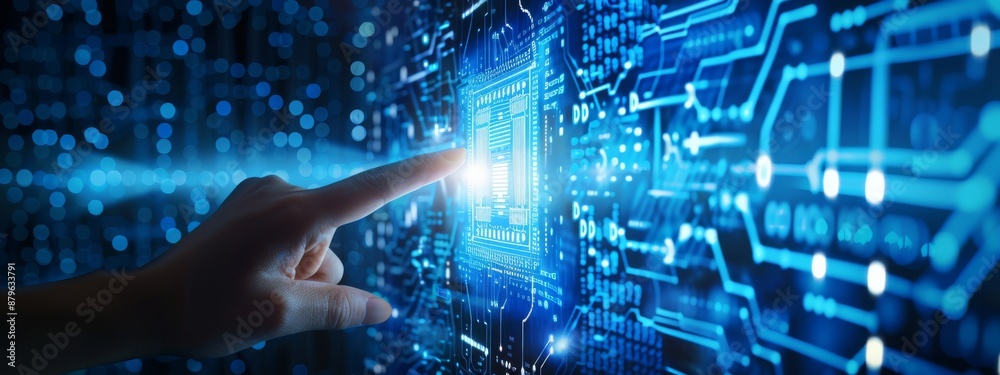 Poster hand touching cpu icon with machine deep learning and data mining (ai) technology.
