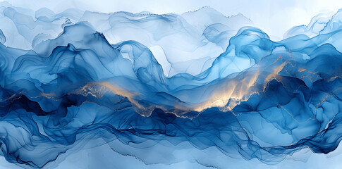 Obraz premium Abstract calm water background turquoise blue ocean waves watercolor sky clouds illustration