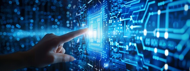 Hand touching CPU icon with machine deep learning and data mining (AI) technology.