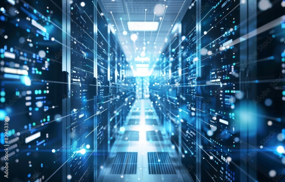 Poster server data center room storage systems 3d rendering of connection network