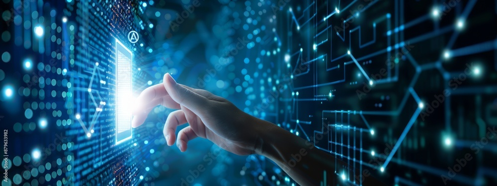 Poster the ui is by hand touching the icon of the cpu, with machine deep learning and data mining, and othe