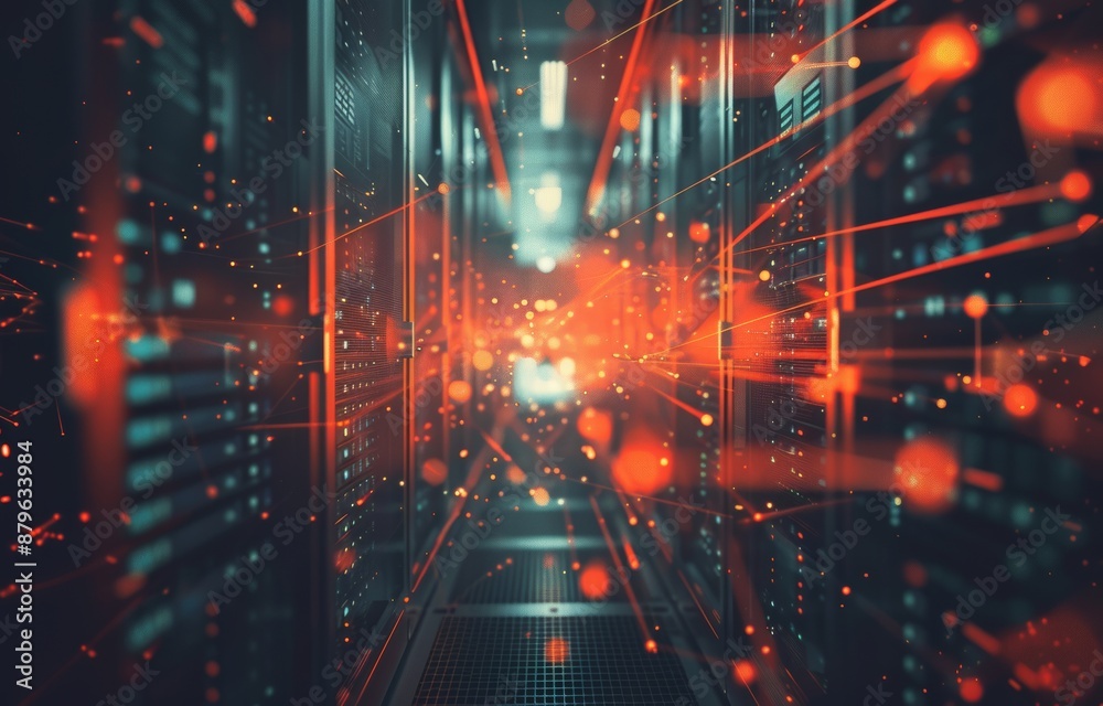 Poster rendering of a 3d network connection in a data center room with servers, storage systems, and data c