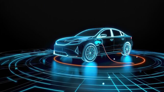 A digital holographic electric vehicle charging on dark background illustrating electric vehicle concept