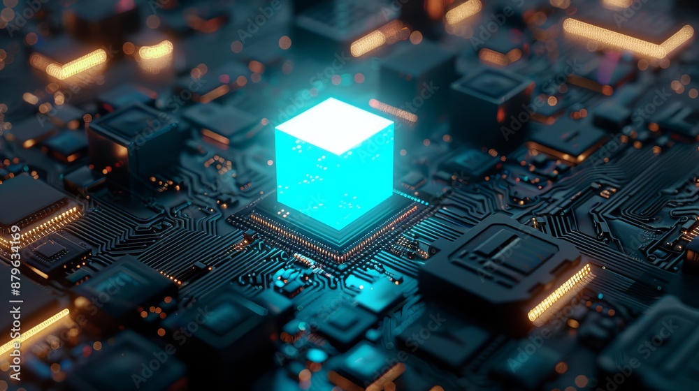 Poster conceptual image of central computer processors. photorealistic rendering.