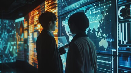 Naklejka premium Two professionals analyzing data on multiple digital screens with global maps and charts, representing data science and technology.