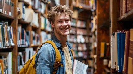 Handsome Smile student man with backpack and books in library, education, university, cheerful, college, happy, standing, school, backpack, attractive, enjoyment, confidence