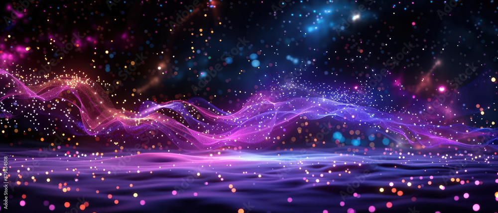 Wall mural abstract image of flowing purple and pink light waves with glittering particles against a dark backg