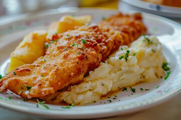 Scrumptious fried fish and parsley garnished mashed potatoes on a plate