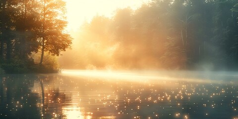 Naklejka premium a body of water surrounded by trees and fog.