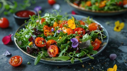 Artfully plated gourmet salads with vibrant dressings
