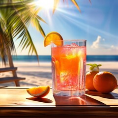 A glass of vibrant orange juice on a wooden table against a beach backdrop