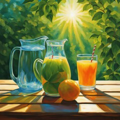A vibrant display of a water pitcher and juice on a wooden table