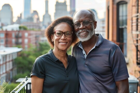 Portrait of a glad multiethnic couple in their 60s wearing a breathable golf polo over vibrant city skyline