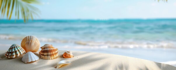 Assortment of seashells on tropical beach sand with ocean waves and palm tree shadows, creating a peaceful seaside setting.