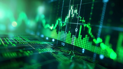 Obraz premium Dynamic stock market data visualization with green line graph indicating market trends, financial gain, and investment analysis.