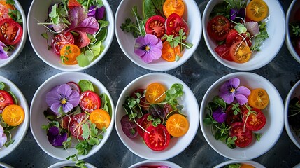 Artfully plated gourmet salads with vibrant dressings