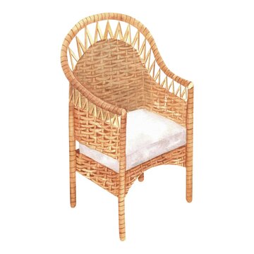 recommend clip art: Beautiful wicker arm chair with soft white cushion. Garden willow furniture. Woven arm chair. Hand-drawn watercolor illustration.