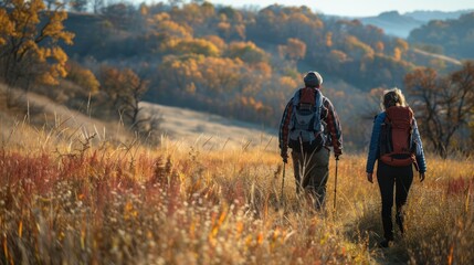 Couple hiking in the autumn countryside with backpacks