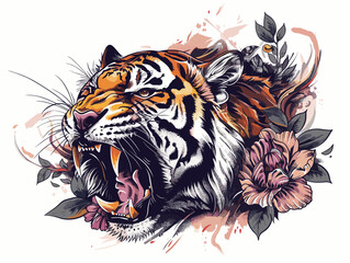 A tiger with its mouth open and flowers in the background. The tiger is angry and ready to attack