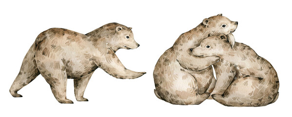 Watercolor cute forest animals. Set of hugging brown bear. Hand-painted woodland wildlife. 