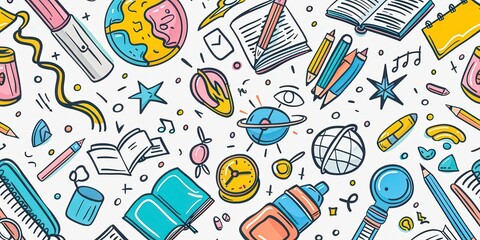 A colorful drawing of school supplies and books