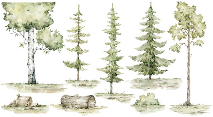 Watercolor set with trees, fir-trees. Pine, spruce, birch. Forest elements for landscape
