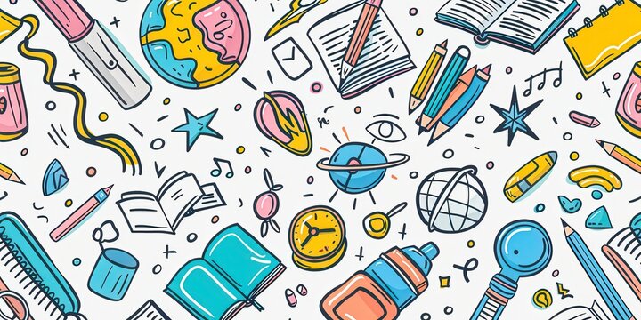A colorful drawing of school supplies and books
