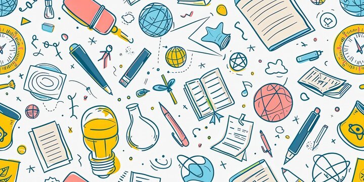 A colorful drawing of various school supplies and books