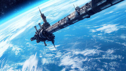 Futuristic space station orbiting Earth with intricate details and vibrant blue oceans below.