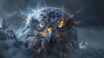 Powerful Eagle Face Made of Lightning Bolts Against Abstract Mountain Background