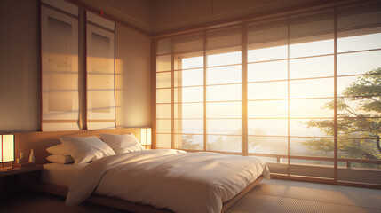 Obraz premium Japanese bedroom with futon bedding, shoji screens, and wooden furniture, traditional Japanese, restful sleep