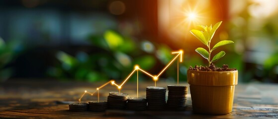 A small plant growing in a pot next to stacked coins with a rising graph indicating financial growth and investment success.
