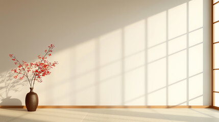 Japanese tokonoma alcove with a scroll, ikebana arrangement, and wooden furniture, traditional Japanese, artistic focal point