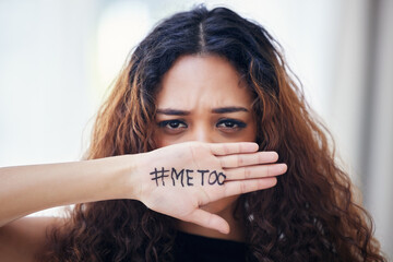Gender, violence and portrait of woman with hand, hashtag and fight for equality in human rights. Fear, frustrated and scared girl with social media protest for sexual harassment, me too and justice.