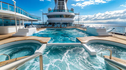 Des jacuzzis et une piscine sur le pont supérieur d'un bateau de croisière.