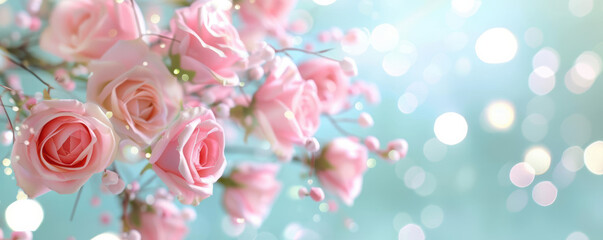 Elegant Online Storefront - Create a feminine, elegant online storefront with soft pastel colors, delicate fonts, and floral design elements, Close-up of soft pink roses with sparkling bokeh lights on