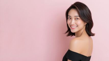 Fototapeta premium Japanese fashionable woman in black sundress happy lifestyle isolated