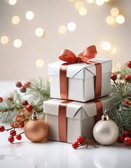 A festive scene of stacked gifts adorned with red bows, pine branches, and baubles, illuminated by warm lights