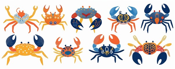 A series of colorful, stylized crab illustrations with unique designs on a white background.