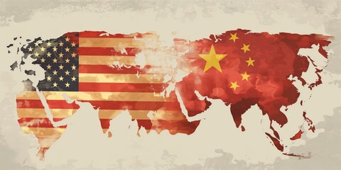 A world map with the American flag covering the Americas and the Chinese flag covering Asia.