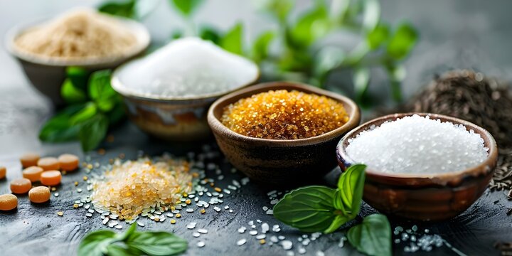 Different Sweeteners Up Close. Concept Sugar, Honey, Agave, Stevia, Maple Syrup