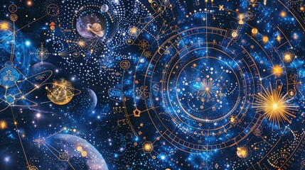 Zodiac wheel with star constellations seamless pattern in a minimalist style