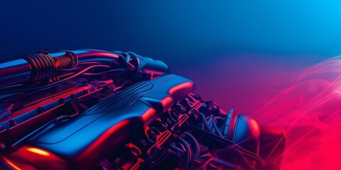 Close-up view of an illuminated engine with blue and red lighting, showcasing technological detail and engineering precision, concept of mechanical engineering