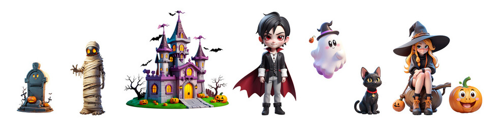 Set of halloween icons. White background. Generative AI