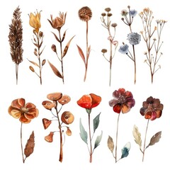 Naklejka premium Collection of Dried Flowers and Wildflowers Isolated on White Background