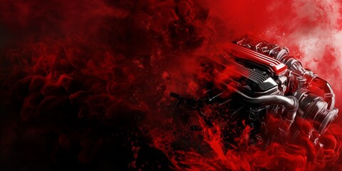 Fototapeta premium Powerful engine enveloped in an intense red smoke depicting speed and power concept