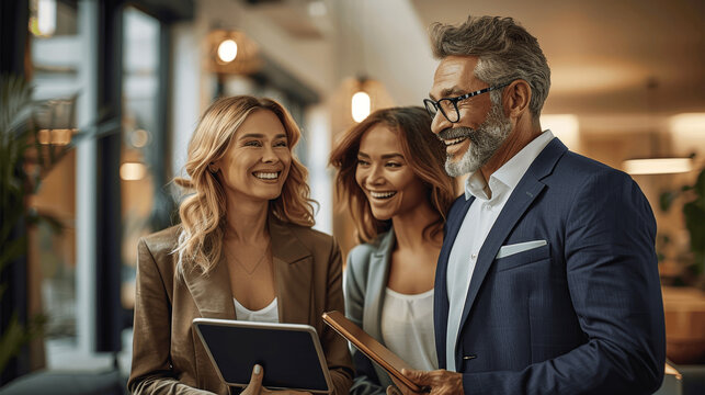 Smiling real estate agent shows new home to two happy clients with digital tablets
