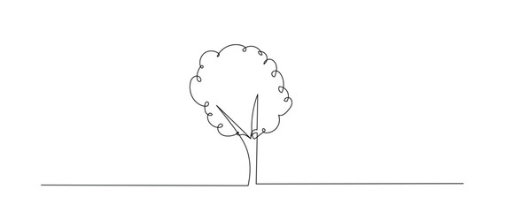 Continuous one line drawing of tree plant art style . Tree in single outline vector illustration for eco green nature concept. Editable stroke.	