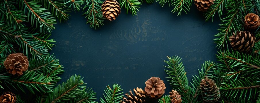 Frame made  fir tree branches garland with brown pine cones on dark blue gray background. Christmas or New Year holiday banner with copy space